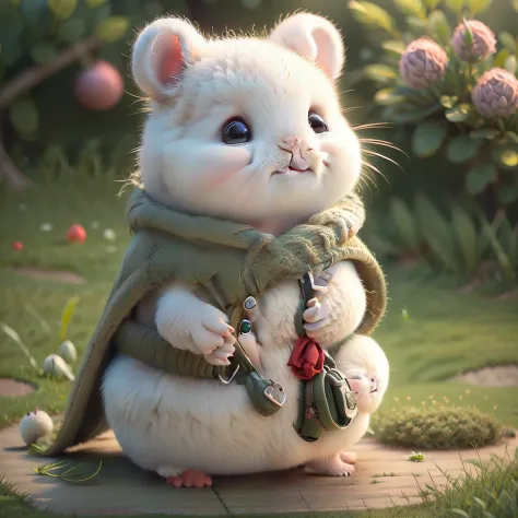 (Adorable+Chubby+plump+Fluffy) Hamster pequeno pequeno, Sit on the (Green+fresh) Grass, Wearing (Cute+Red) Hood, Lovely face and (Innocent+inquisitive) expression.