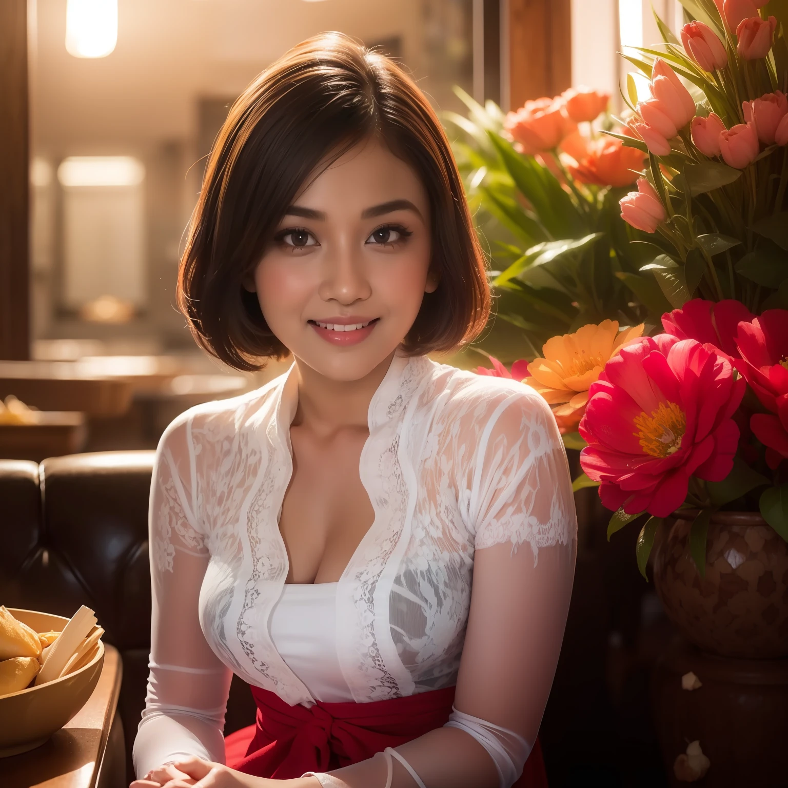 (8k, best quality, masterpiece:1.2), (red_kebaya_bali), flower, (realistic, photo-realistic:1.37), ultra-detailed, 1 girl, cute, solo, beautiful detailed sky, detailed cafe, night, sitting, dating, (nose blush), (smile:1.15), (closed mouth) small breasts, beautiful detailed eyes, (collared shirt:1.1), night, wet, business attire, rain, white lace, (short hair:1.2), floating hair NovaFrogStyle,