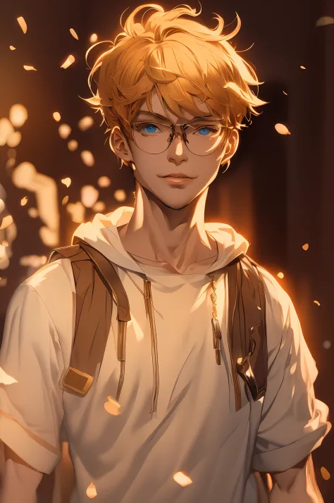 anime boy with blonde hair and glasses standing in front of a fire, orange - haired anime boy, tall anime guy with blue eyes, pe...