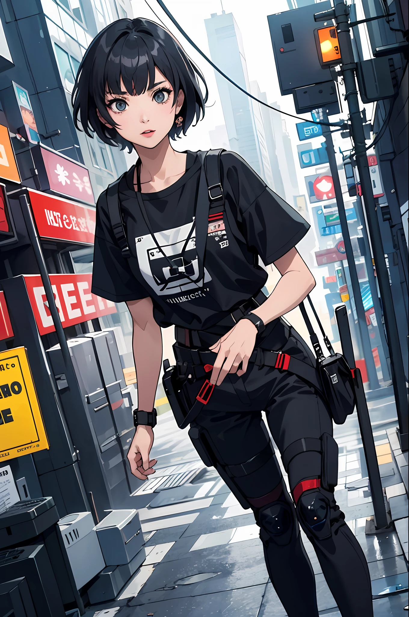 (best qualityer, Masterpiece artwork:1.2) | eye detailed:1.2 1 woman ,winking and showing tongue (dinamic angle, ass pov, muka, long hair,gun store) choker, chemise, open sweatshirt, finely detailled, Masterpiece artwork, clothes in the style of cyberpunk
