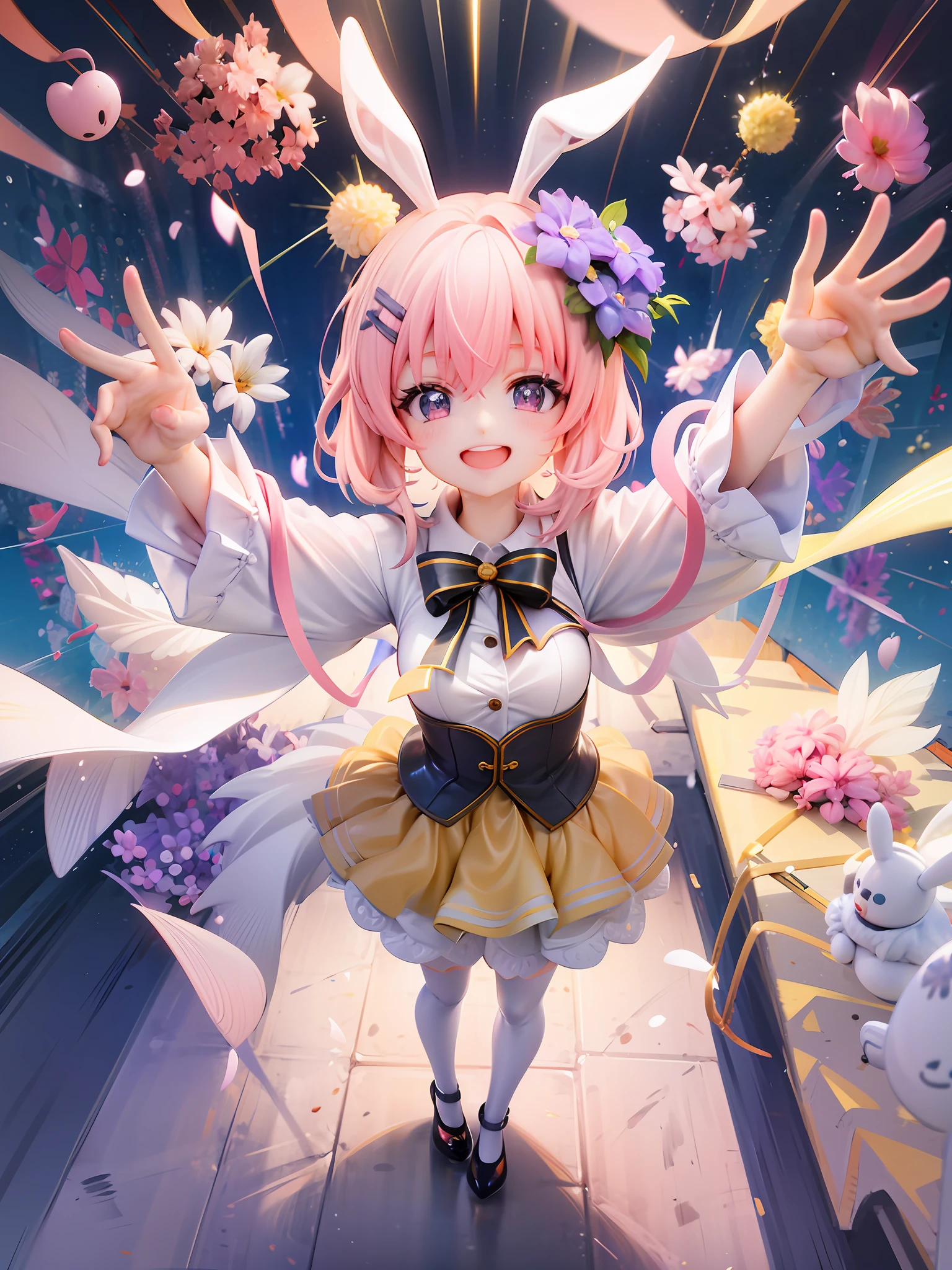 1fille, bel œil, sourire, Ayanami Rei, fille-lapin de célébration, expression joyeuse et bénie, sourcils fins, costume de lapin rose et blanc, court, cheveux violets clairs ondulés dans une coupe de loup, yeux violets brillants, pose tenant un bouquet de fleurs à deux mains, court fluffy bunny tail, longues oreilles de lapin avec un arc, fond d&#39;une fête intérieure lumineuse, ballons de fête joyeux, Talons hauts roses, bas blancs, poignets et col parfaitement en place, mains berçant doucement un bouquet de fleurs vibrantes, éclairage intérieur chaleureux projetant des ombres douces, son regard plein de joie authentique,  décorations en arrière-plan, des rires et de la joie remplissent l&#39;air, sa silhouette encadrée par l&#39;ambiance festive, a radiant sourire that lights up her face, un soupçon de joie et d&#39;excitation dans sa position, ses yeux pétillants de bonheur, les fleurs dans ses mains une touche de couleur sur son costume de lapin, atmosphère de pure fête et de joie, sa silhouette se détachait au milieu de la célébration, au centre des vœux et des bénédictions de chacun, une image de pure jubilation et de célébration, une image du côté joyeux de la vie, Accueillir l&#39;esprit de fête à bras ouverts, son éclat correspond à l&#39;atmosphère joyeuse, son air joyeux est contagieux, un beau moment de joie et de fête,