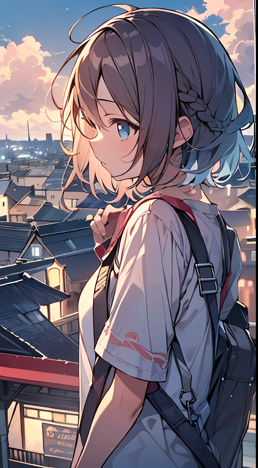 masutepiece, Best Quality,Illustration, Wallpaper, Ultra Detail, absurderes, 1loli, Solo, (Medium short hair、short braided hair), Beautiful detailed eyes , (Street), luminous sky,(a panoramic view:1.3),(Sense of depth:1.5),(longshot:1.3)