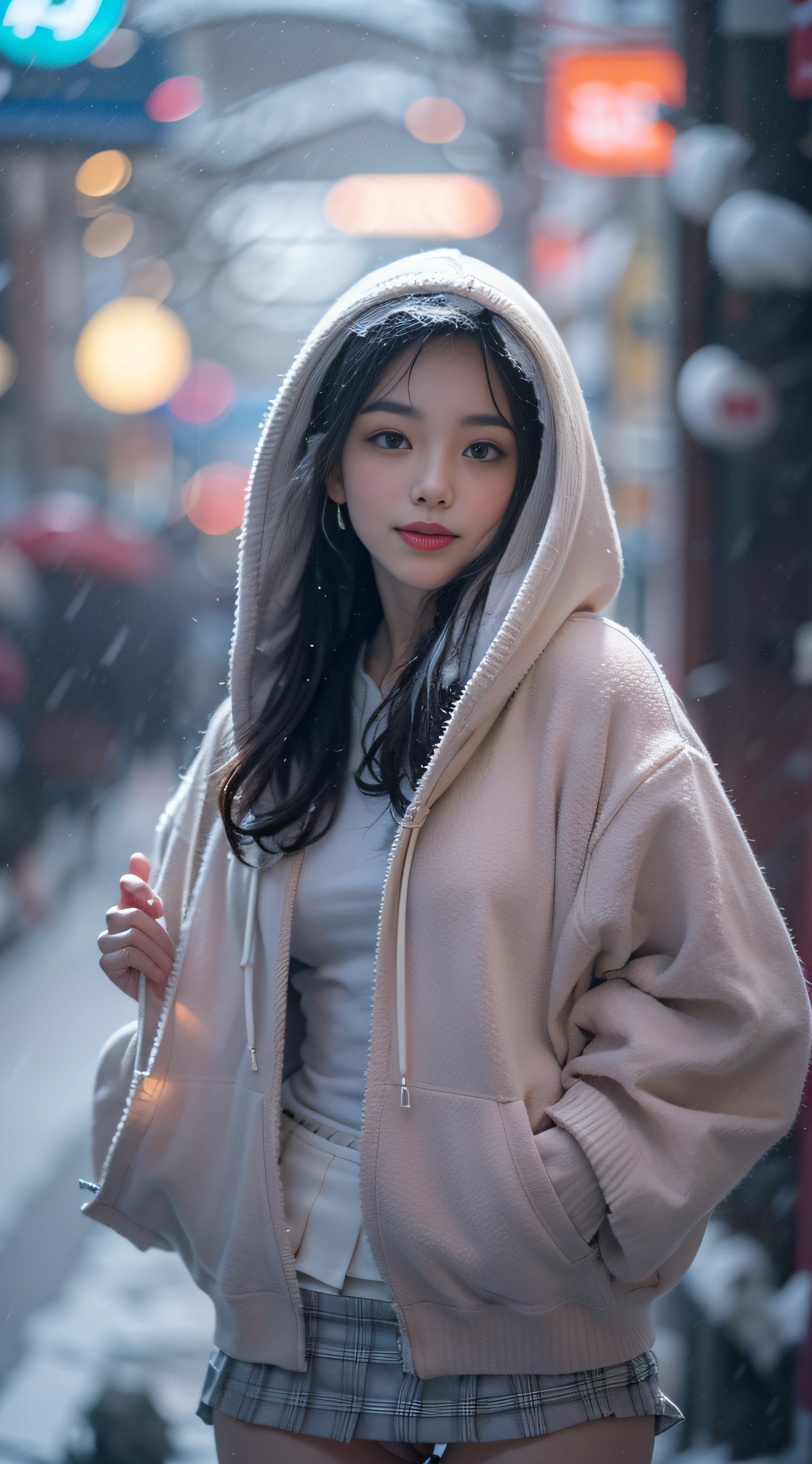 ((8K))，Film photography, 1 girl, (Hoodie:1.2), (short  skirt), upper legs, navel，necklace, Earrings, Seductive smile, Medium breast, full bodyesbian, drunk blush:1.5, black wavy shoulder-length hair, serene, calm, (Realistic detailed eyes, Natural skin texture, Realistic face details), Soft dramatic lighting, Depth of field, Bokeh, vibrant detail, finely detailed, Hyperrealistic，20yr old, ((skirt lift by yourself)), (Skirt lift), (Panties , panty focus), Blush, parted lip, view the viewer ,(Clear eyes，Clear nose，Clear lips，Fair skin)，Semi-body shot , Wear a hooded jacket ,(Tokyo streets ,Falling snow)，