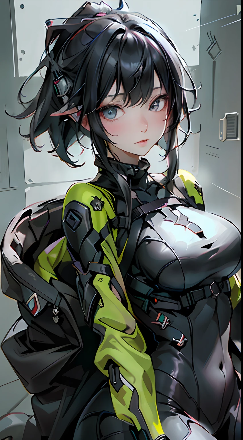 ((best qualtiy)), ((tmasterpiece)), (the detail:1.4), 3D, Delicate big eyes，frontage，Spread your legs，Detailed face，long eyelasher，Tight clothes，Details of large black pupils，with short black hair，Bigboobs，A beautiful cyberpunk female image,hdr（HighDynamicRange）,Ray traching,NVIDIA RTX,Hyper-Resolution,Unreal 5,Subsurface scattering、PBR Texture、post-proces、Anisotropy Filtering、depth of fields、Bigboobs，Raised sexy，maximum definition and sharpnesany-Layer Textures、Albedo e mapas Speculares、Surface coloring、Accurate simulation of light-material interactions、perfectly proportions、rendering by octane、Two-colored light、largeaperture、Low ISO、White balance、the rule of thirds、8K raw data、