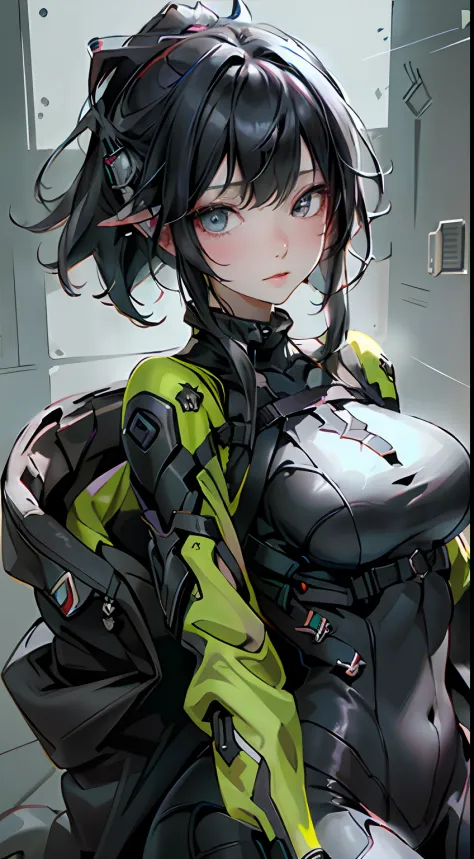 ((best qualtiy)), ((tmasterpiece)), (the detail:1.4), 3D, Delicate big eyes，frontage，Spread your legs，Detailed face，long eyelasher，Tight clothes，Details of large black pupils，with short black hair，Bigboobs，A beautiful cyberpunk female image,hdr（HighDynamic...