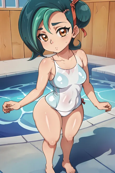 1girl, solo,(best quality),(masterpiece:1.1), full body, looking_at_viewer, dynamic angle, swimsuit, cute, clear facial skin,hmkotori, short hair, multicolored hair, 

single hair bun, hair ribbon, 1girl, 

14yo, loli, wide hips, massive thighs, 

solo, sh...