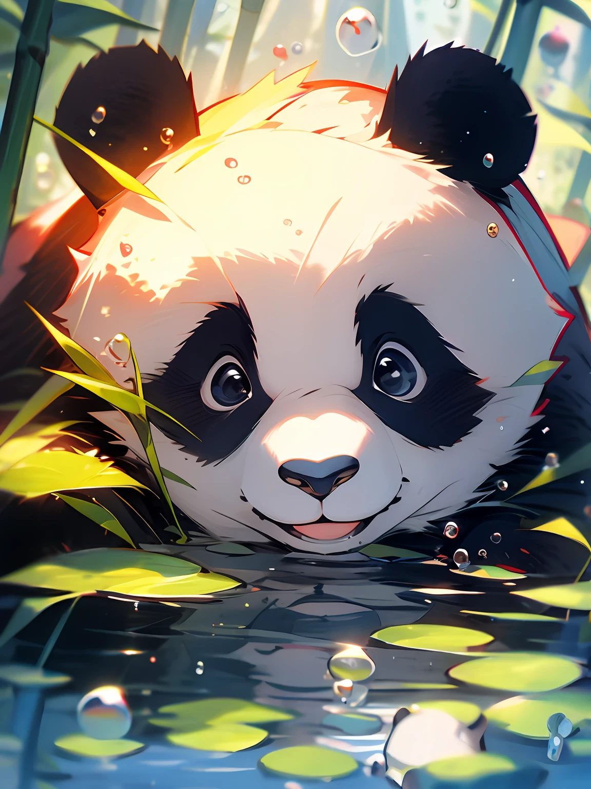 1 cute panda, closeup face, Portrait, Furry, leaves, no man, water, Blisters, bubbles, More Details, saturated colors, endearing smile, Best Quality, 8K, high saturation