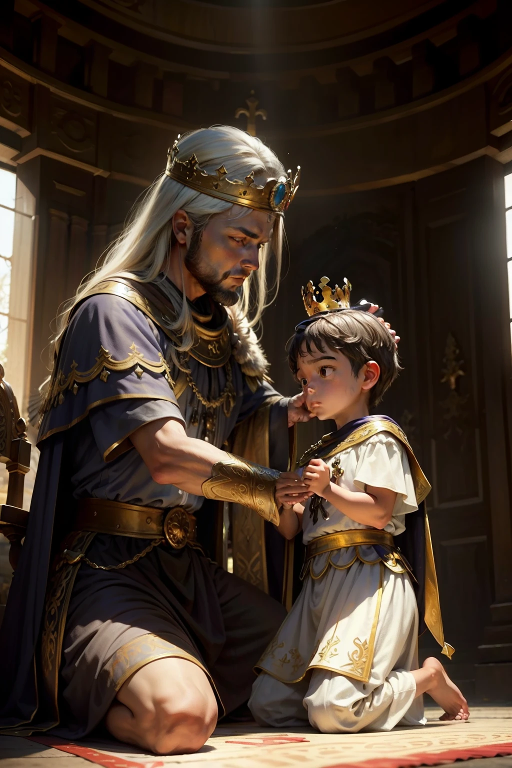 Crie uma imagem de um rei idoso passando a coroa para seu filho, o herdeiro do trono,Highlight the sense of pride and confidence in the king's eyes as you pass the symbol of power to the next ruler.Crie uma imagem de um rei idoso em um trono, Placing a crown on your child's head, who is kneeling in front of him, pronto para assumir o trono,REI HOMEM,PRINCIPE HOMEM