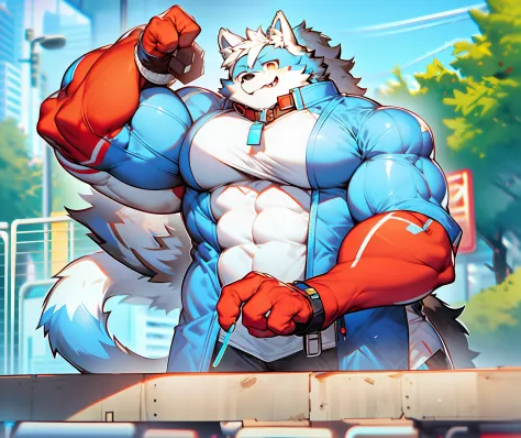 coyote，Furry，Blue-white hair，musculature，Muscle men，nakeness，Strong，ultraclear，Has a large ，Collar，Black  shorts，Black sclera，re...