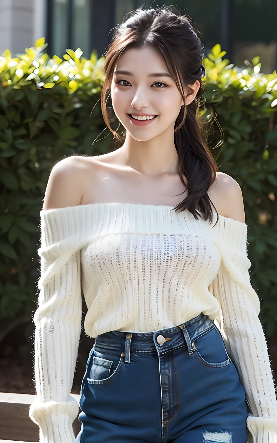 Highly detailed CG Unity 8k wallpaper, top quality, super detailed, masterpiece, realistic, photorealistic, highly detailed cute girl, 25 years old,  (ripped Denim short:1.3), (off-shoulder white sweater)  ,   smile,  parted lips, round eyes, large breasts, viewer, half body shot , park ,  side ponytail , from below