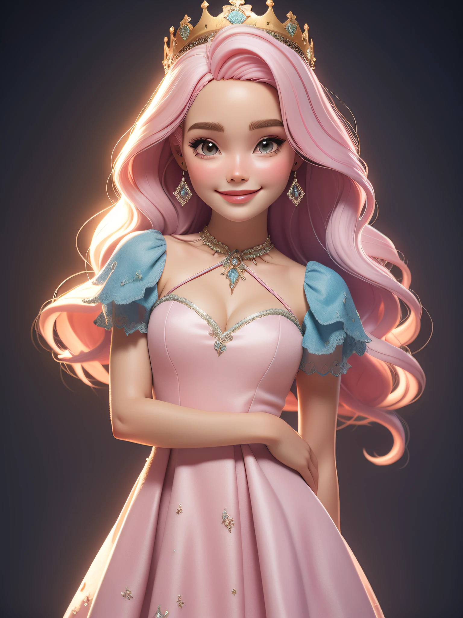 dynamic lighting, A Barbie princess wearing a lovely pink dress, wearing a beautiful crown, In the pink fairy castle, pink hair, (cute:1.3), (pale skin:1.1), (soft smiling:1.1), detailed face, detailed skin texture, sun ray, by ilya kuvshinov, nina masic, natural lighting, subsurface scattering, ornate, ((cowboy shot)), atmospheric perspective, retina, textured skin, anatomically correct, best quality, award winning