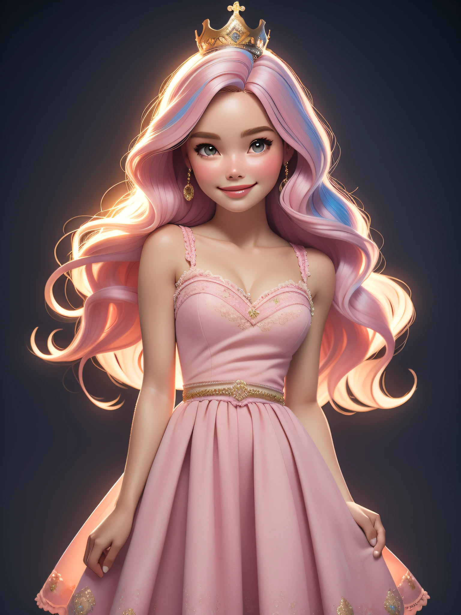 iluminación dinámica, Una princesa Barbie con un precioso vestido rosa., usando una hermosa corona, En el castillo de hadas rosa, cabello rosado, (lindo:1.3), (piel pálida:1.1), (Sonrisa suave:1.1), cara detallada, textura de piel detallada, rayo de sol, por Ilia Kuvshinov, nina masic, iluminación natural, dispersión subsuperficial, florido, ((tiro de vaquero)), perspectiva atmosférica, retina, piel texturizada, anatómicamente correcto, mejor calidad, premiado
