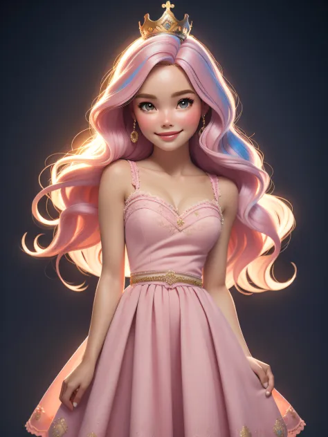 dynamic lighting, A Barbie princess wearing a lovely pink dress, wearing a beautiful crown, In the pink fairy castle, pink hair,...