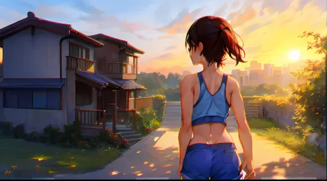 1girl in, plein air, sportsbra, shortpants, suns, morning、the morning sun shines、outside of house、rear view