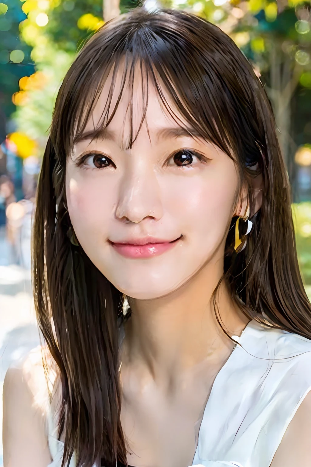 (Skin blemishes:1.2), (Skindentation), Black eye, 1womanl, 25-years old, ((femele))), 独奏, realisitic, top-quality, Photorealsitic, ​masterpiece, 8K, hight resolution, 独奏, extra detailed face, (profetional lighting、bokeh dof), (light particules、lensflare、Luminous particles:0.6), (dynamicposes:1.2), Soft lighting, Top Angle View, Fashionable and trendy atmosphere, jpn, a street, TOKYOcty, The city, ((during daytime)), Skysky, ((Look at viewers:1)), (looking in camera),(portlate:0.6),  Keep the original facial proportions, broad shoulder, full body Esbian, (tiny chest), (Middle hair), brown haired, Floating hair, s lips, lipsticks, seducting smile, Floating hair, A smile, Open_Mouth, tusk, (fullnude), Eye lashes, Mole, (Mole under the eyes:1),spreading legs、Pubic area、wears glasses、Competitive swimsuit