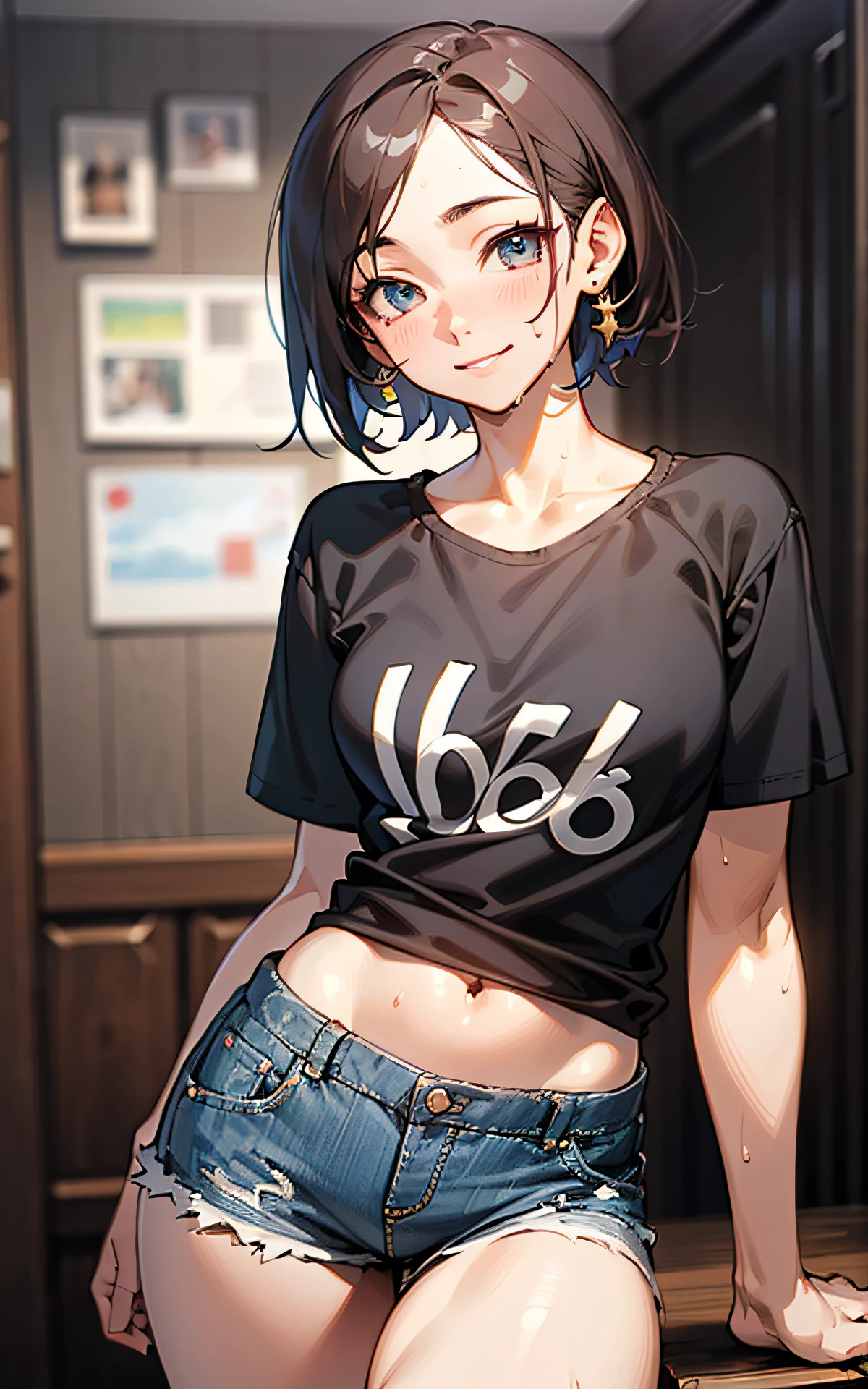 Anime girl with short hair and a black shirt posing for a picture - SeaArt  AI