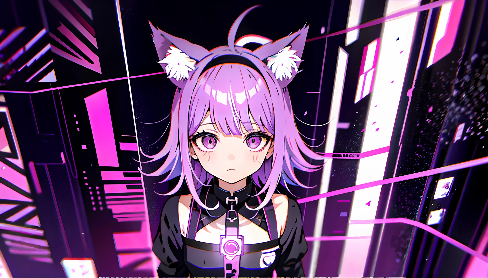 uma menina com uma orelha de gato e um fundo roxo, Arte digital de Danganronpa, gato anime, Anime cyberpunk moderno, Anime Cyberpunk, Chiaki Nanami, Danganronpa, 8 0 s estilo de arte anime, Nekomimi, arte cyberpunk anime, [ estilo de arte synthwave ]!! ]!!, anime moe artstyle