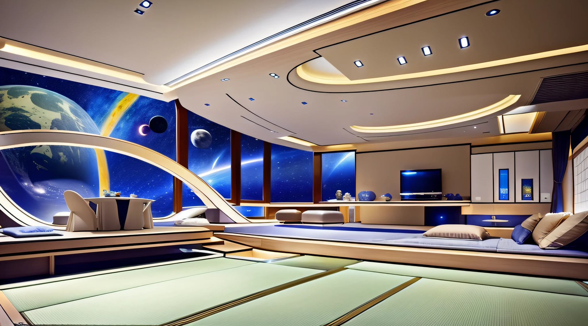 Conception de salon moderne、Le sol et le plafond sont transparents pour que vous puissiez voir l&#39;espace extérieur、Il y a un majordome androïde dans la chambre.、Un style japonais、jpn、espace cosmique、chef d&#39;oeuvre、réaliste、８K