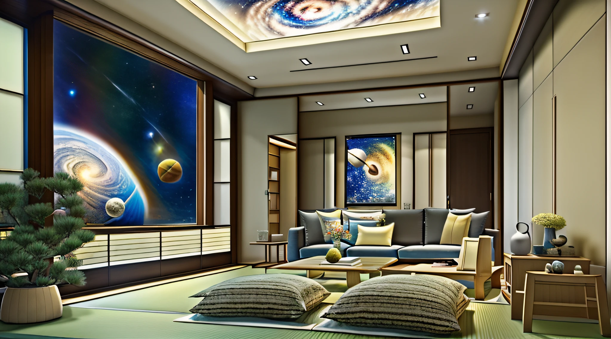 Design moderno de sala de estar、O piso e o teto são transparentes para que você possa ver o espaço sideral.、Um estilo japonês、jpn、espaço cósmico、obra-prima、realista、８K、lei