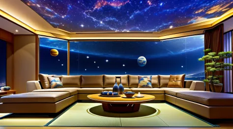 Modern living room design、The floor and ceiling are transparent so that you can see outer space.、A Japanese style、jpn、cosmic spa...