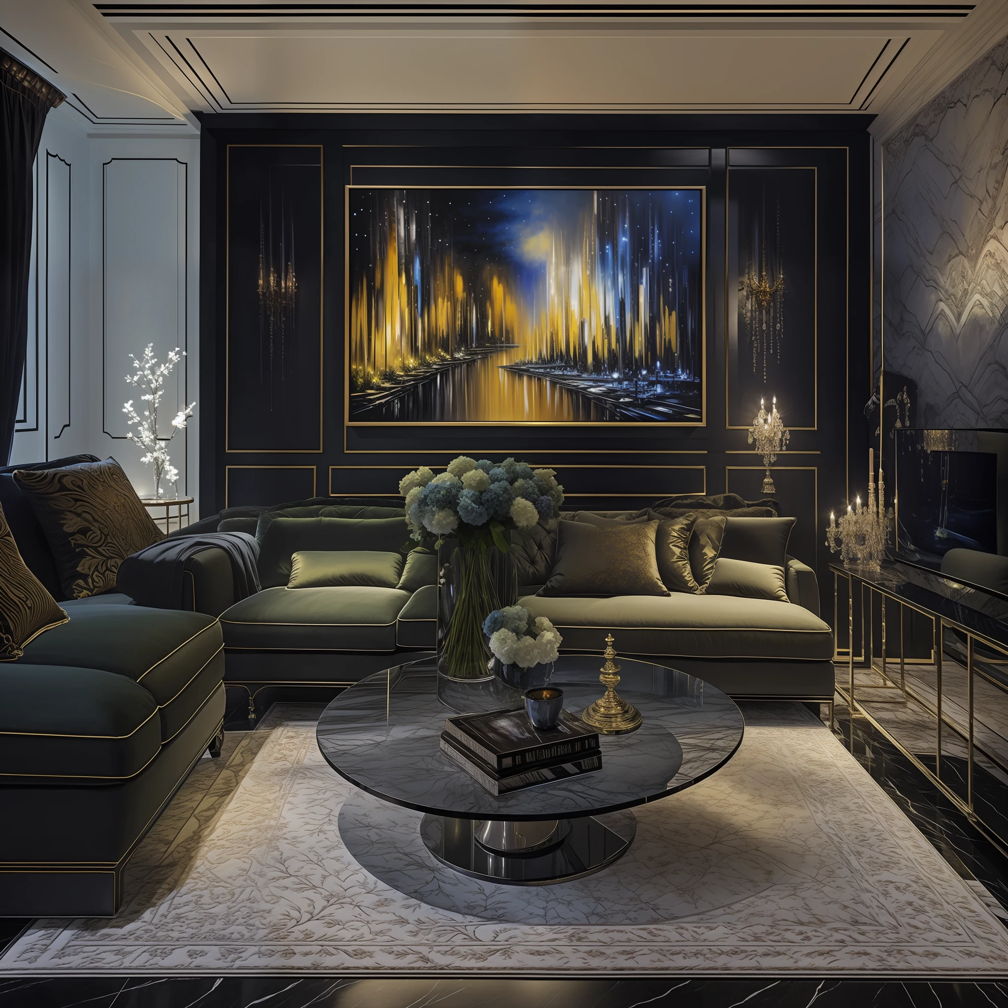 new realism, black light painting, acrylic painting, white wall, ethereal fantasy interior design, living room plan of elegance atmosphere, ips-wide-50-inch-monitor low key lighting, dark fantasy interior design, rich colors,