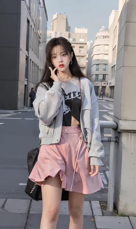 A woman in a skirt and jacket, lalisa manoban of blackpink,，She is seen wearing streetwear pieces, lofi girl aesthetic, Surrealism female students, dancing in the background, jisoo from blackpink, y 2 k style, Y2K style, y 2 k aesthetic, y2k aesthetic，Cute...