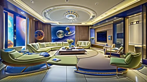Modern living room design、The floor and ceiling are transparent so that you can see the outer space、There is an android butler i...