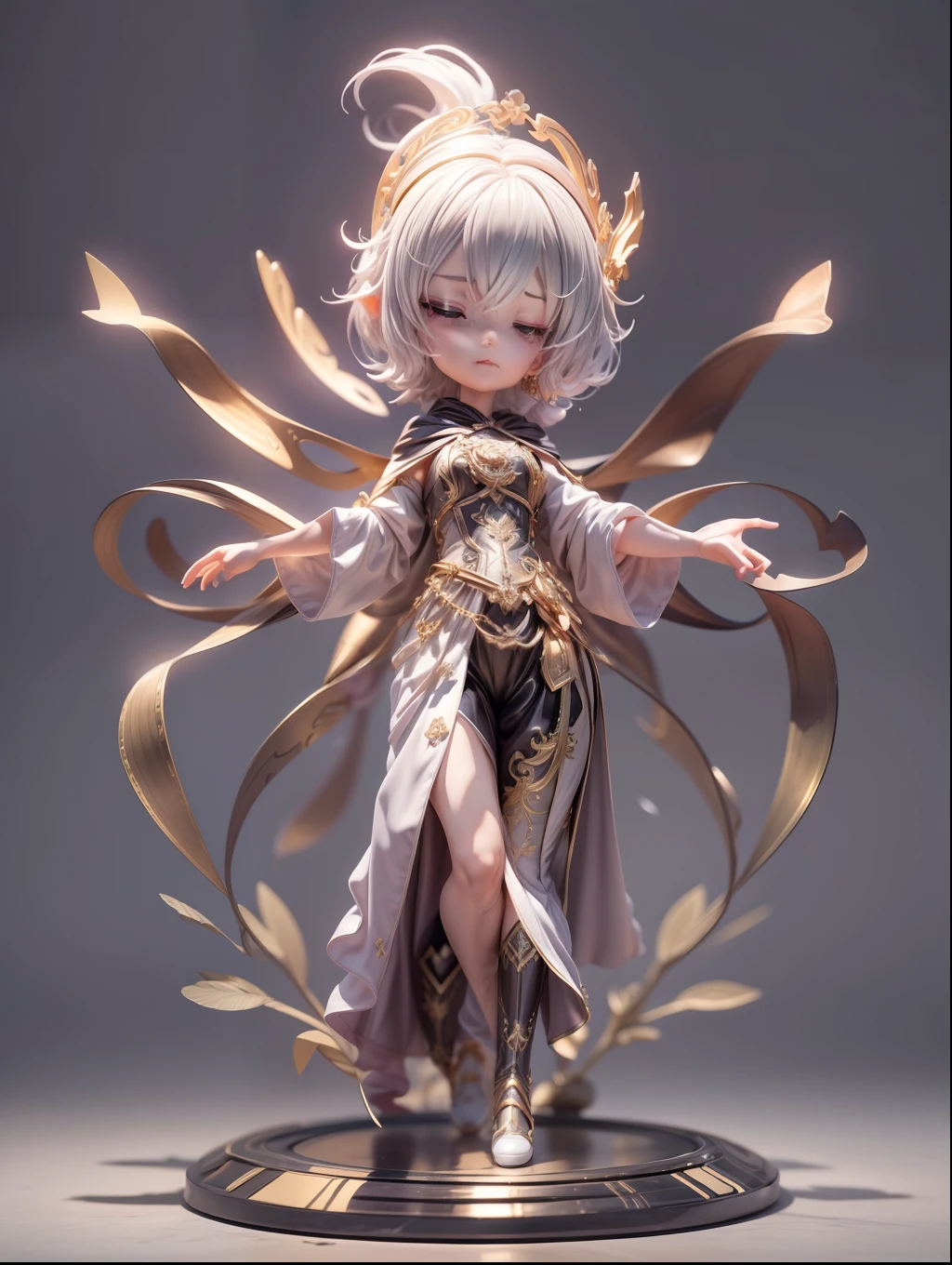 (Blind box toy style:1.2), (Full body shot) , 1 Cute female metal dancer, Delicate metal robes, Baroque style, dreamy glow, Clean, Black draft,White gold style， ( Global illumination, Ray traching, hdr, unreal render,reasonable design, high detal, Masterpiece, Best quality, hyper HD, Cinematic lighting)