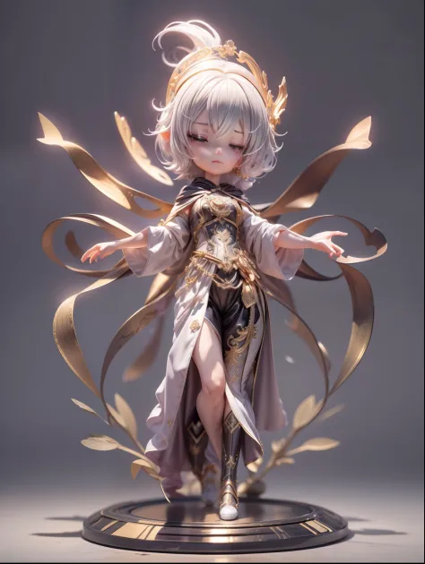 (Blind box toy style:1.2), (Full body shot) , 1 Cute female metal dancer, Delicate metal robes, Baroque style, dreamy glow, Clean, Black draft,White gold style， ( Global illumination, Ray traching, hdr, unreal render,reasonable design, high detal, Masterpi...