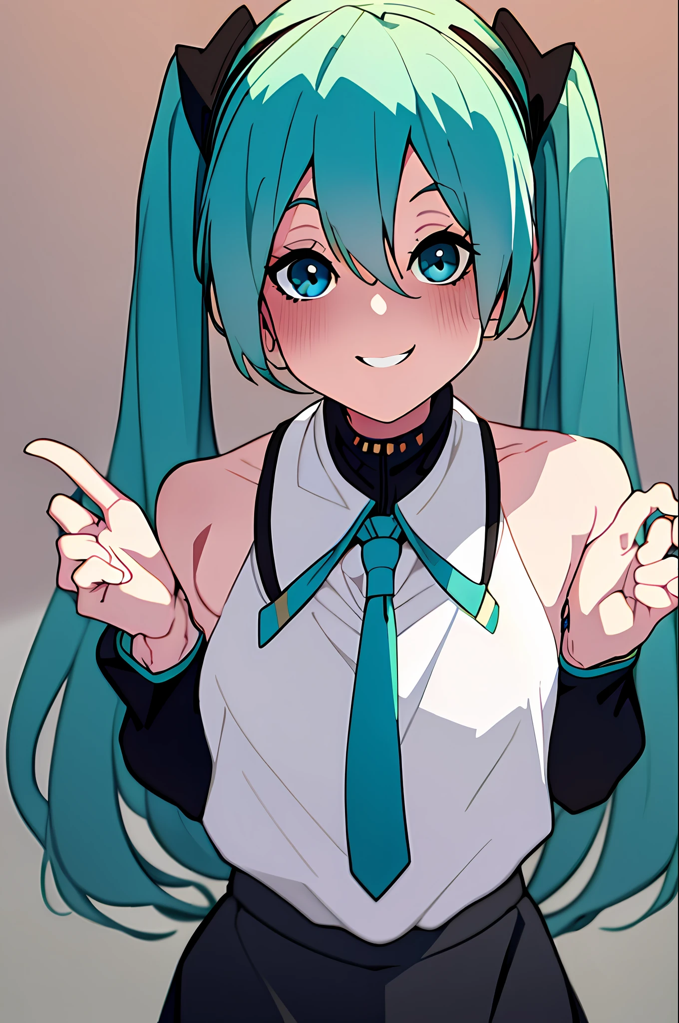 (best quality, masterpiece1.2), detailed,1girl, solo,looking at viewer,simple background, , uwu,   curvy, upper body,  close-up
standing ,smile ,detailed eyes ,  detailed  face,realistic, adorable face , cute, hatsune miku, log eyelashes,
elbow hand out of frame,  blurry,