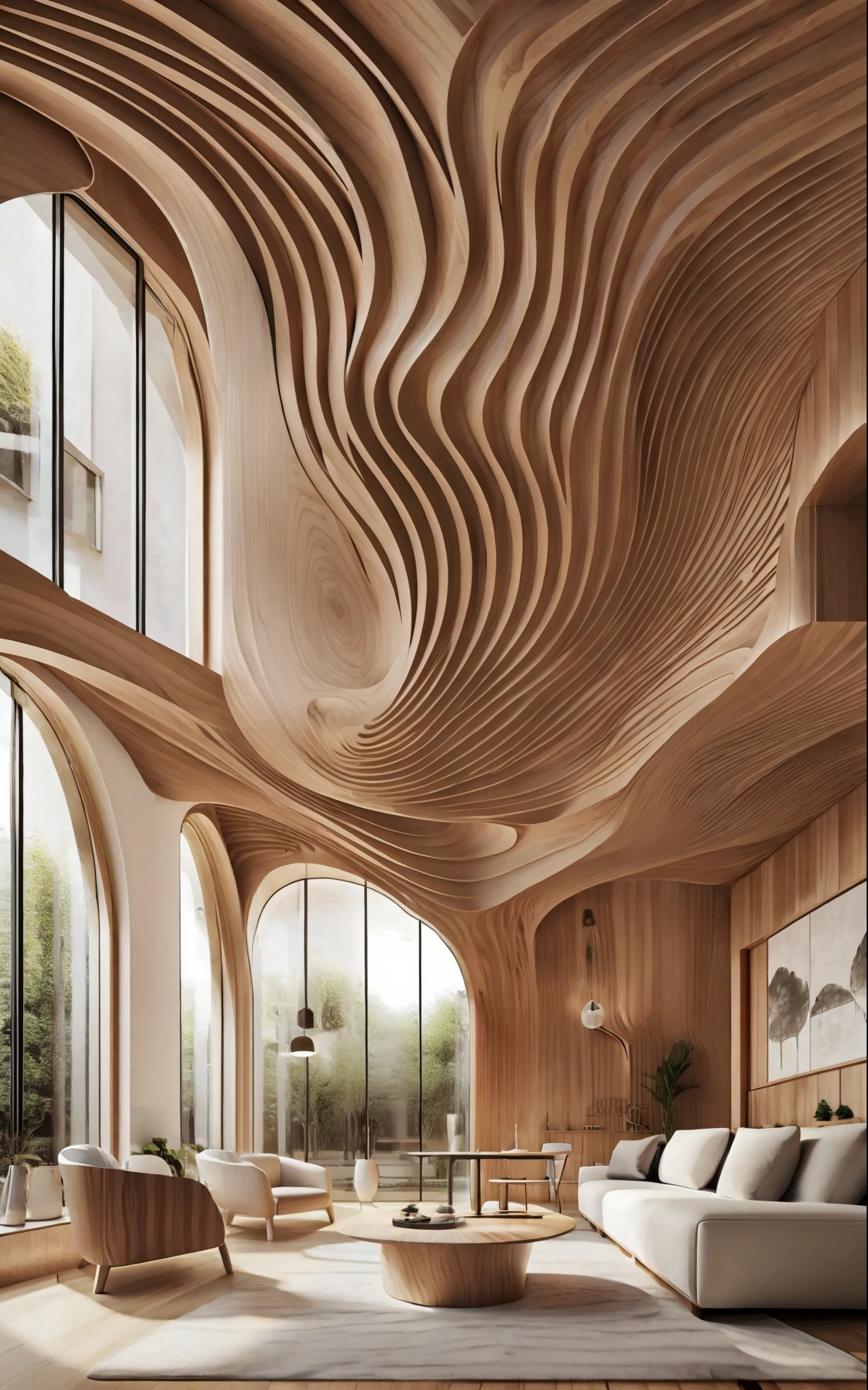 Gran salón con techo ondulado de madera, (foto realista:1.2)