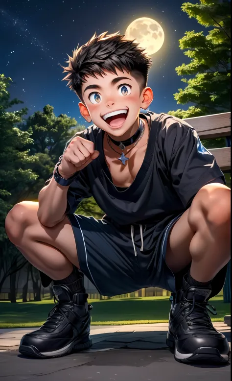Male focus, A high resolution,Night, Moon, park, trash cans, lantern, park bench, Star \(sky\),
Break, 1boy, Solo, crouched, Spread legs, choker necklace, paw pose, Smile, Open mouth, Tongue out