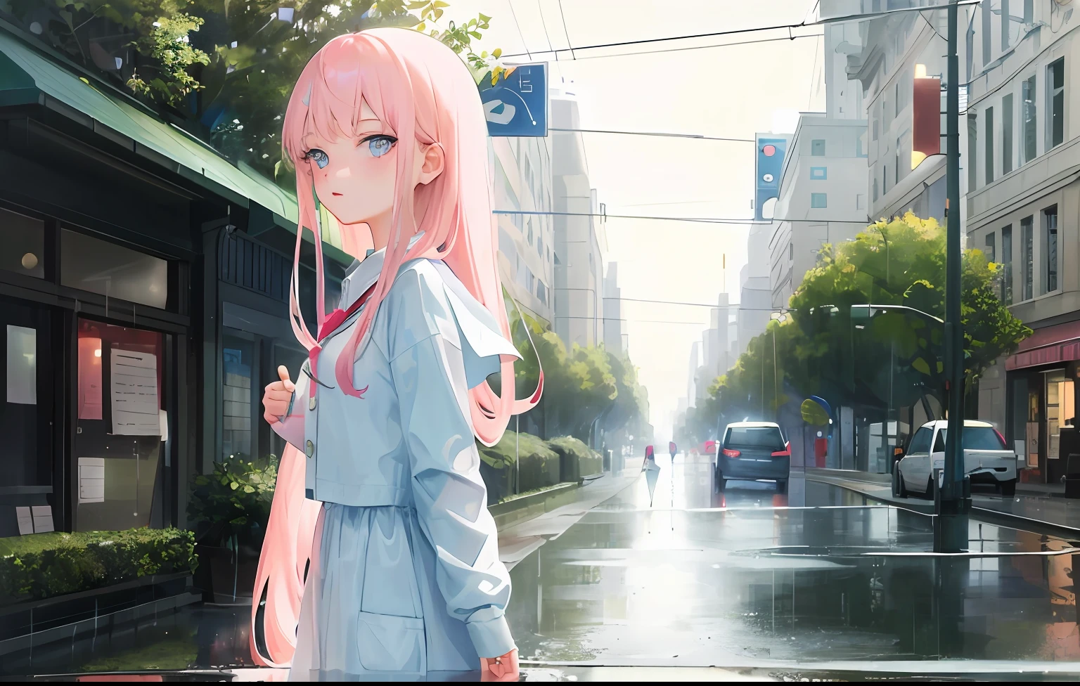 ((best quality)), (masterpiece:1.2),(delicate and beautiful girl), illustration,1girl,pink hair,very long hair,blue eyes,looking at viewer,rain,rainy day,raincoat, school uniform,towncar,street,traffic light,