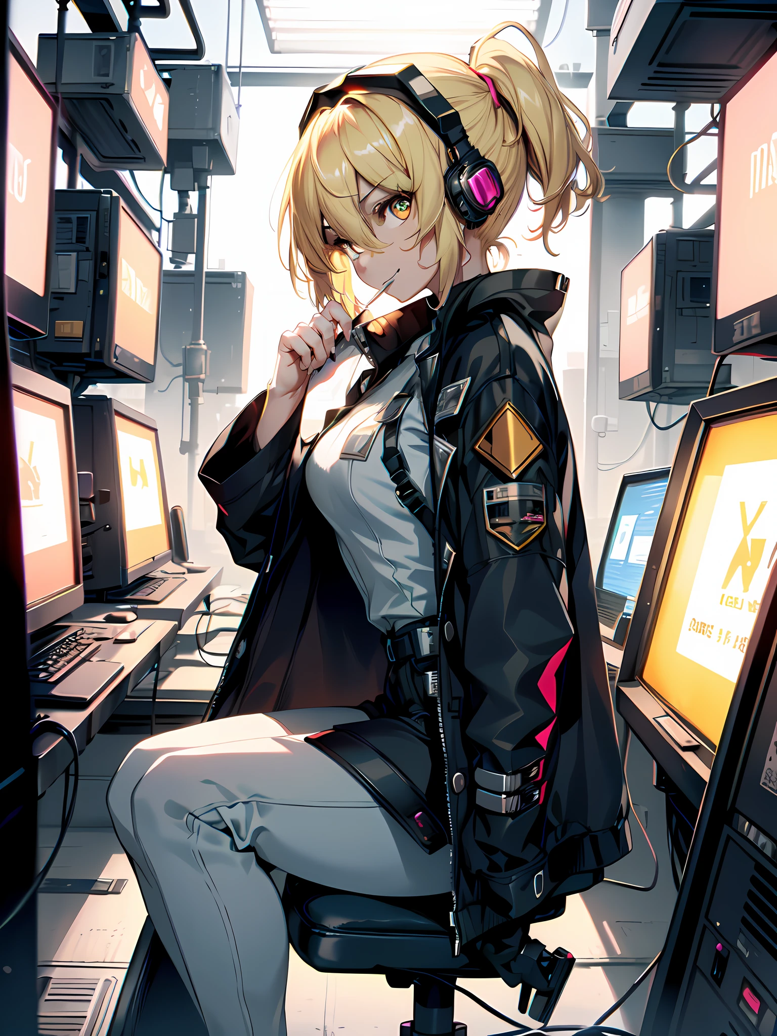 (best quality, detailed drawn hands, realistic fingers), (masterpiece, sidelighting, finely detailed beautiful eyes: 1.2), ((Best quality)), ((masterpiece)), (highly detailed:1.3), 3D,NeonNoir, one girl, solo, small chest, black office pants, side view, beautiful cyberpunk girl, girl is looking in computer, sitting, lollipop in mouth, (wearing head-mounted display that is chunky and hi-tech:1.2),wearing a cape, girl with blonde gair and golden eyes, smug smirk, hacking a computer terminal,PURPLE NEON LIGHT FROM MONITOR, GREEN NEON SIGNS ON THE WALL,