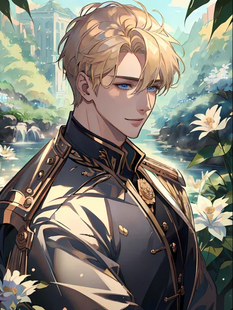 ((​masterpiece:1.2、top-quality))、((Two men))、blonde  hair、blue eyess(a handsome:1.4)、Guys only:1.3、校服、royalty、Black Knight、Short black hair、Golden Eyes、Scar on the right eye、Black Armor、Fantasia、blooming flowers、sunlights、Fantastic Light and Shadow、landsca...