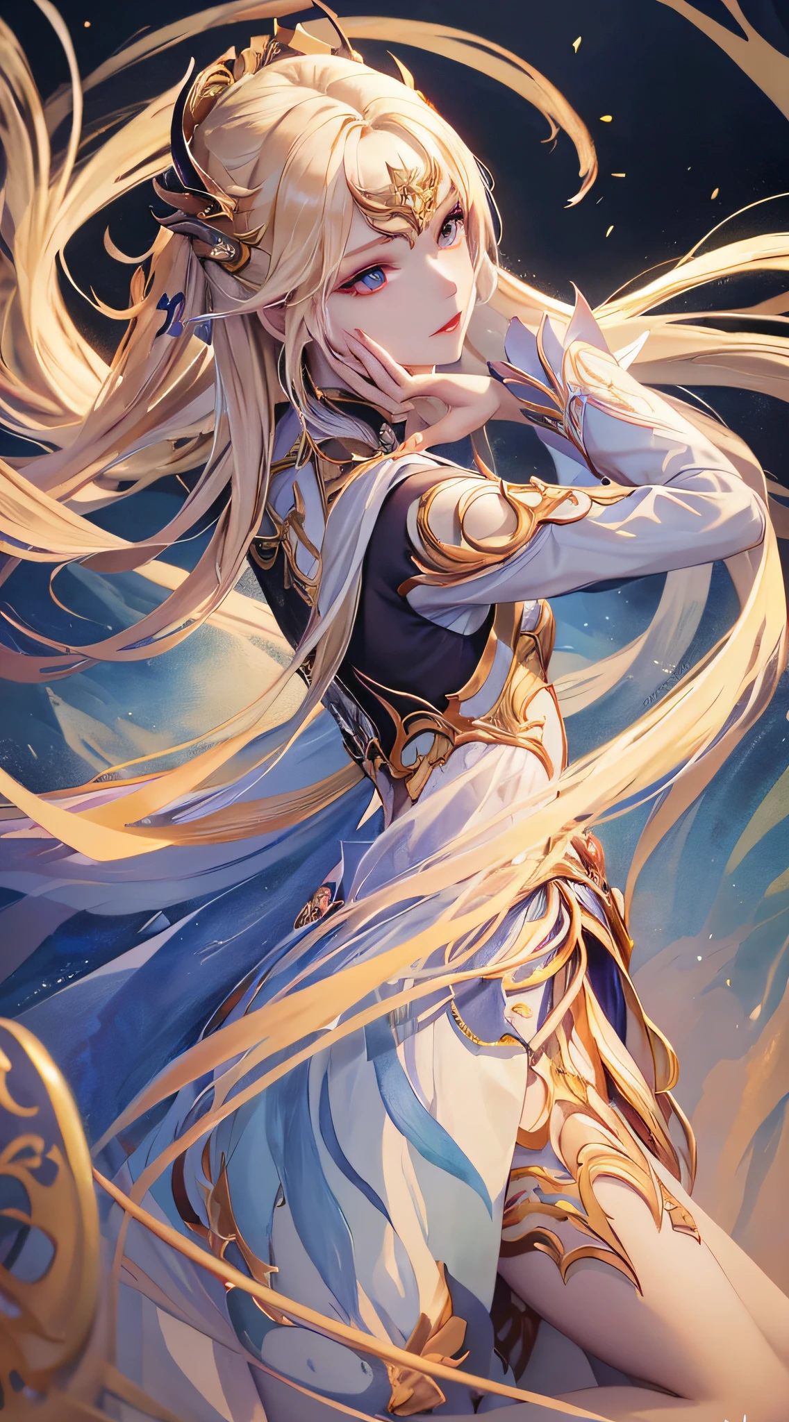 Solo, Qianyue Xue, Full body, yellow hair, (masterpiece, top quality, highest quality, official art, beautiful aesthetics: 1.2), (1 girl: 1.3), long hair, extreme, colorful, supreme detail, (watercolor: 1.3), opticamics, playful patterns, vibrant textures, rich colors, unique visual effects