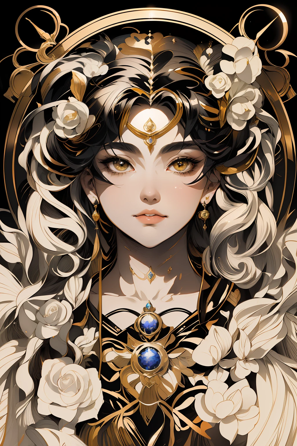 Un dibujo en blanco y negro de una mujer con cabello largo, portrait caballeros de la chica del zodiaco, Hermoso line art, masterpiece diosa of sorrow, ((a Hermoso fantasy empress)), diosa. detalle extremadamente alto, la galaxia marinera. Hermoso, obra de arte oficial muy detallada, caballeros de la chica del zodiaco, ilustración oficial, by Yoshihiko Wada, arte lineal en blanco y negro, retrato de la princesa zelda