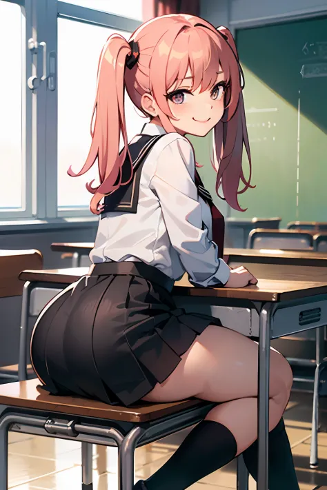 Thicc ass, sitting on chair desk, looking at us, pink g-string, detailed thicc g-string, (long socks), twin tails, black and red schoolgirl uniform, classroom, looking at us, soft smile, skirt, random hair color, smug face, sitting,