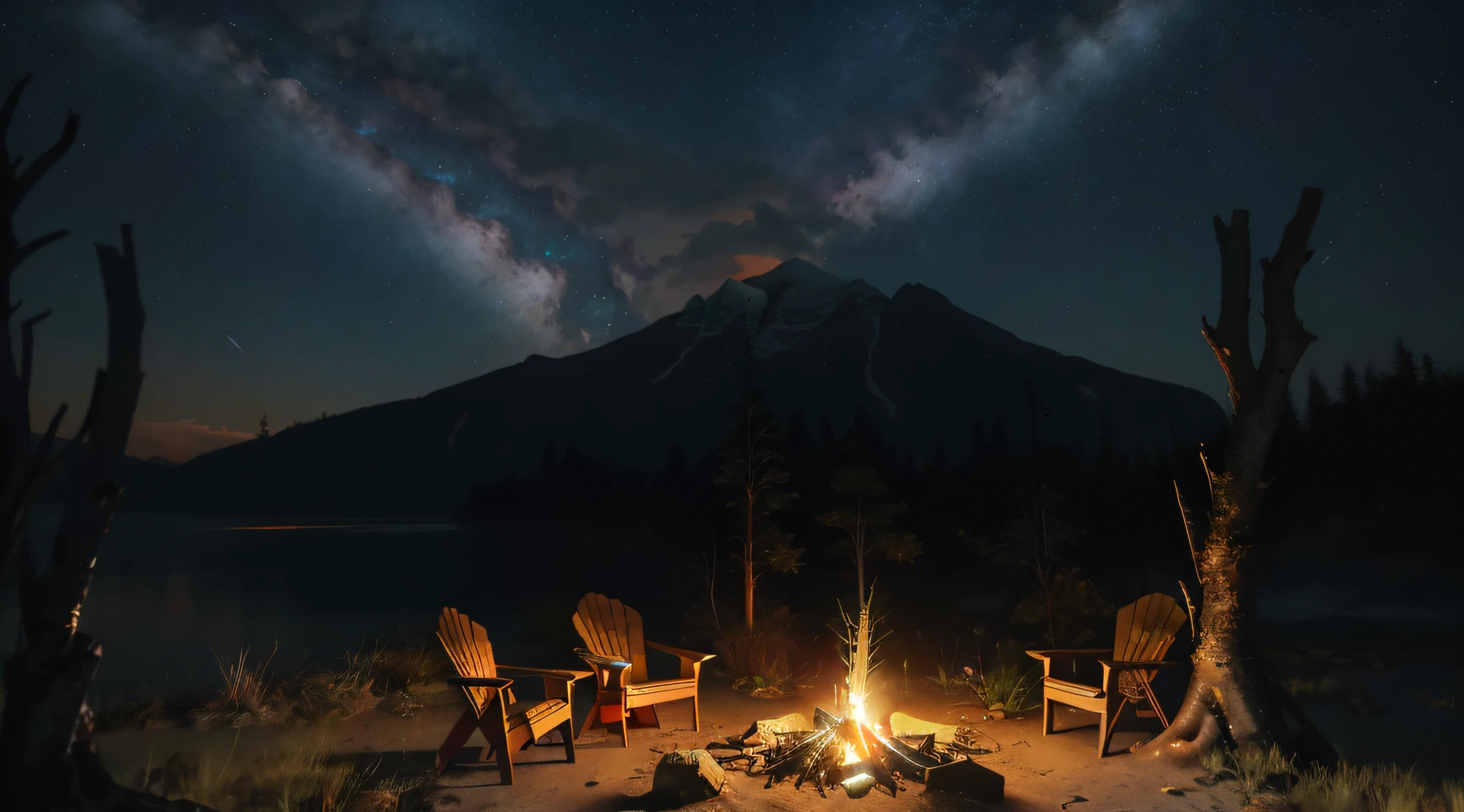 There are three chairs around the campfire，The background is a mountain, at a campfire at night, Outdoors at night, campfire in background, campfire background, night time with starry sky, watching the stars at night, campfires, scenic view at night, sitting on the beach at night, bonfires, moonlit starry sky environment, Outdoor activities at night, Under the stars