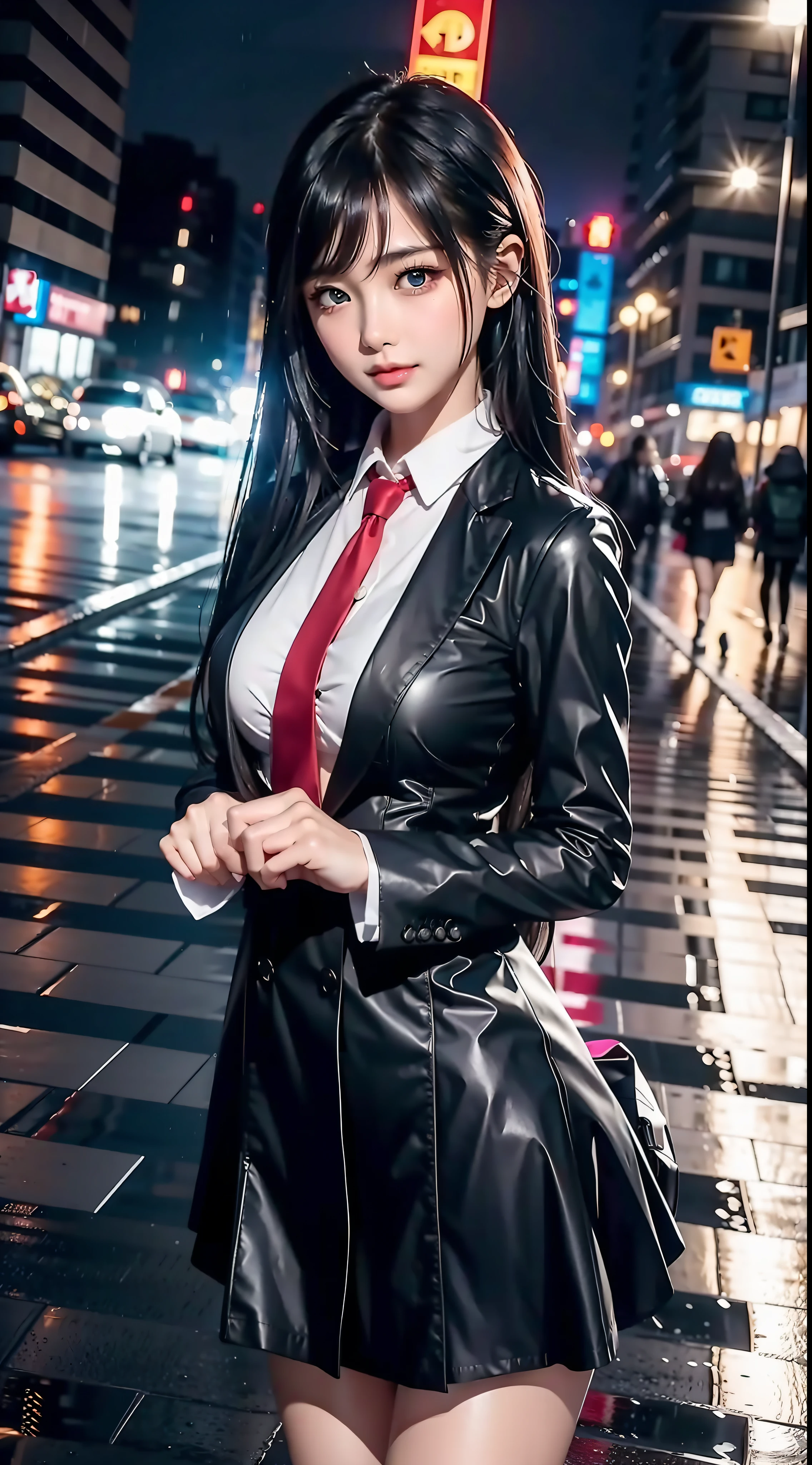 8K ultra hd, masterpiece, detailed, a girl, good face, detailed eyes, hair, very long hair, medium breasts, Spreading hair, sexy school dress, sexy design school dress, building background, night, Rainy weather, wet streets, on the streets, direct x wet road, high speed wing blowing, no nsfw,