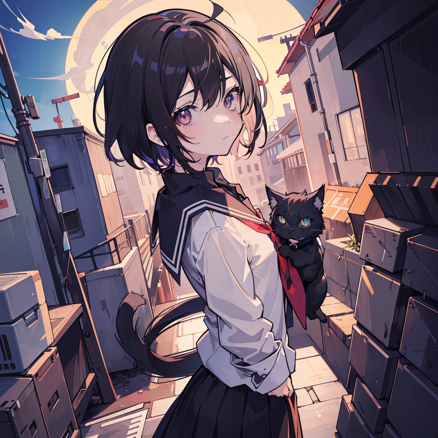 masutepiece, Fine detail, 4K, 8K, 12K, Solo, low angles, One Person, Handsome boy, white male, Black hair, Mashed Hair, , Back alley, Black cat, Night, fullmoon, Rear view、Small-looking person、silhuette, light Particle,