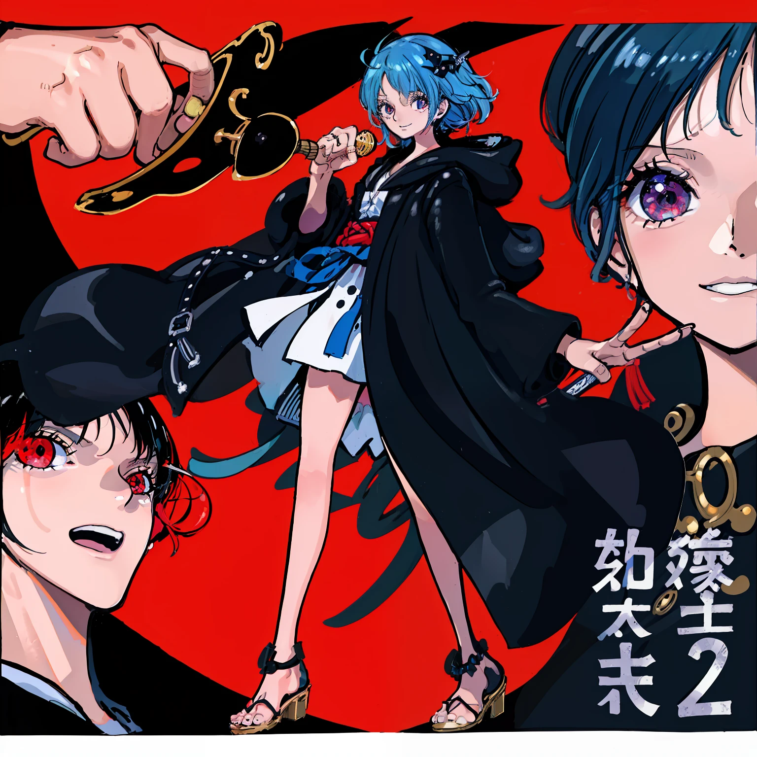 Anime characters with blue hair and black clothes in front of a red  background - SeaArt AI