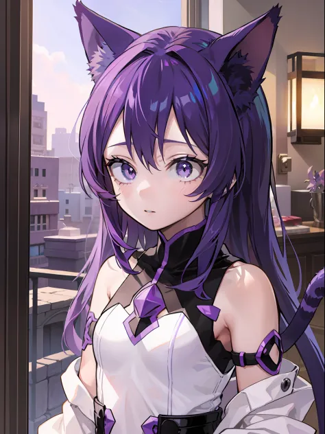 a little girl, shoulders long hair, purple hair, small purple cat ears, a purple cat tail, assassin clothing, amine style