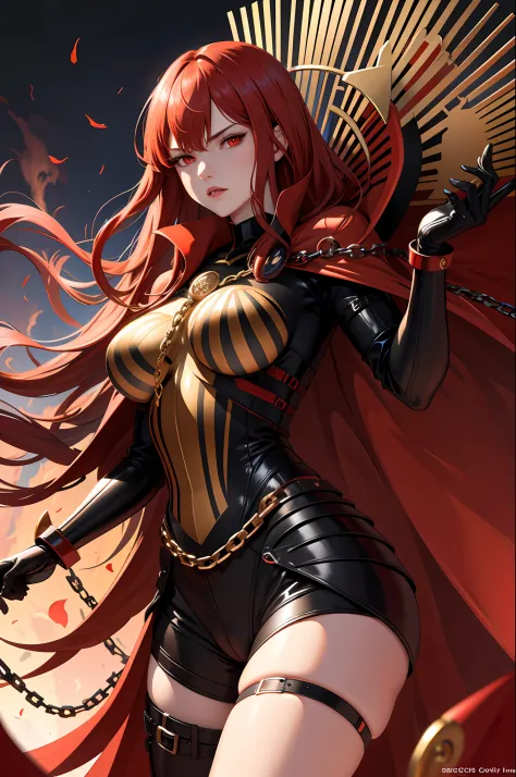 oda_biig,large breasts,red eyes,black bodysuit, red hair,chain,collared cape