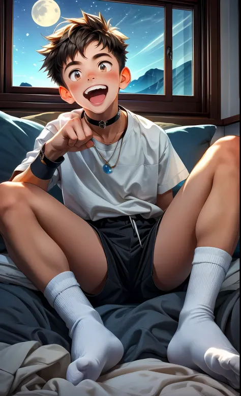Male focus, A high resolution,Night, Moon, onbed, inside in room,，whitestocking， Break, 1boy, Solo,Spread legs, choker necklace, paw pose, Smile, Open mouth, Stick out your tongue，Leaky tongue