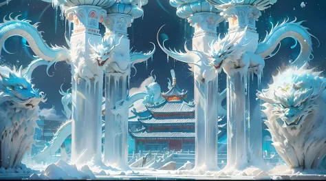 A magical world, (((transparent building)))，(Floating in the sky：1.5)，(White clouds on the ground:1.5)，(((Crystal tiles)))，(((crystal column)))，（（（Crystal wall）））(((The pillars are carved with Chinese dragons)))，Nice colorful light decoration, (icey)，(Froz...