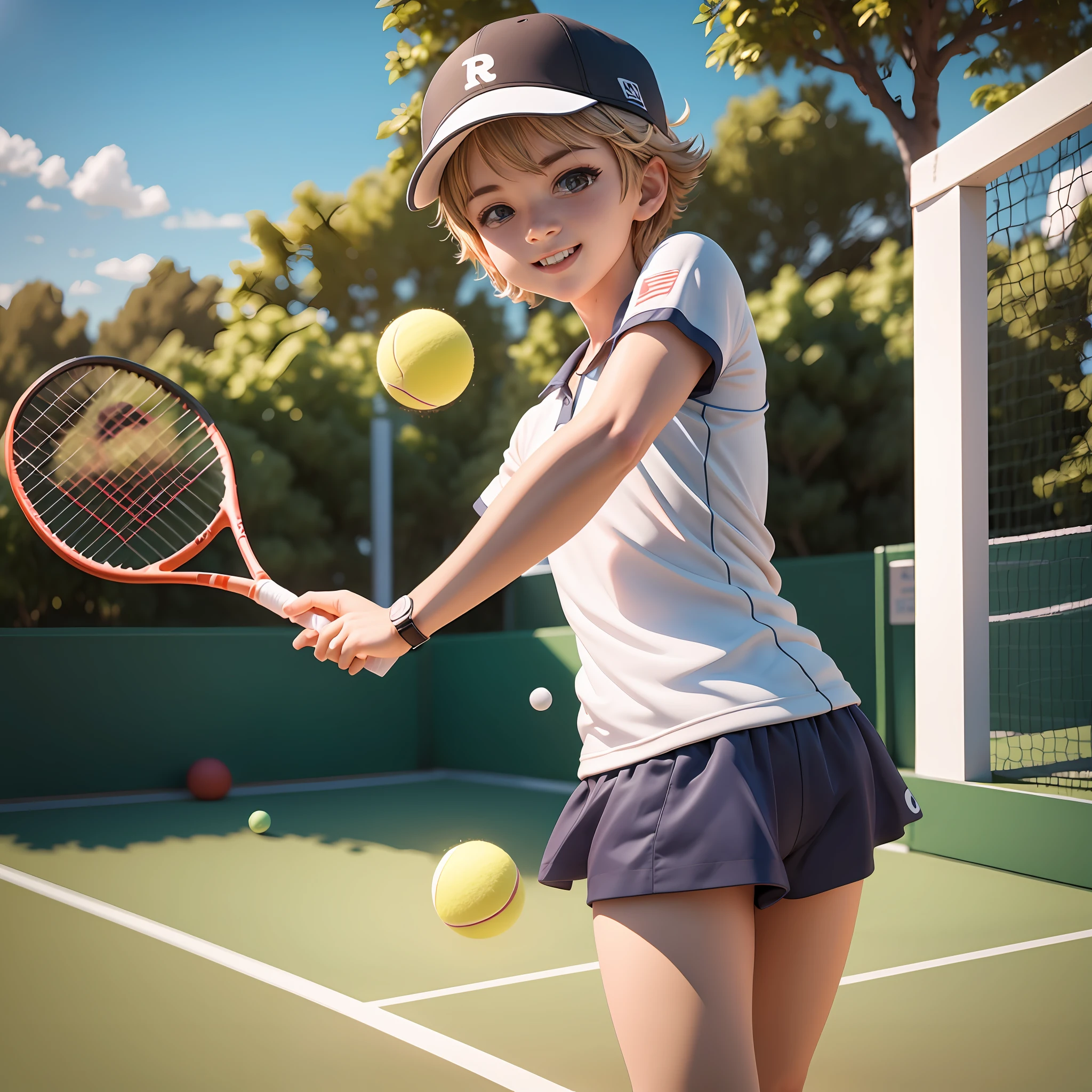 Un garçon joue au tennis sur un court de tennis, cheveux courts