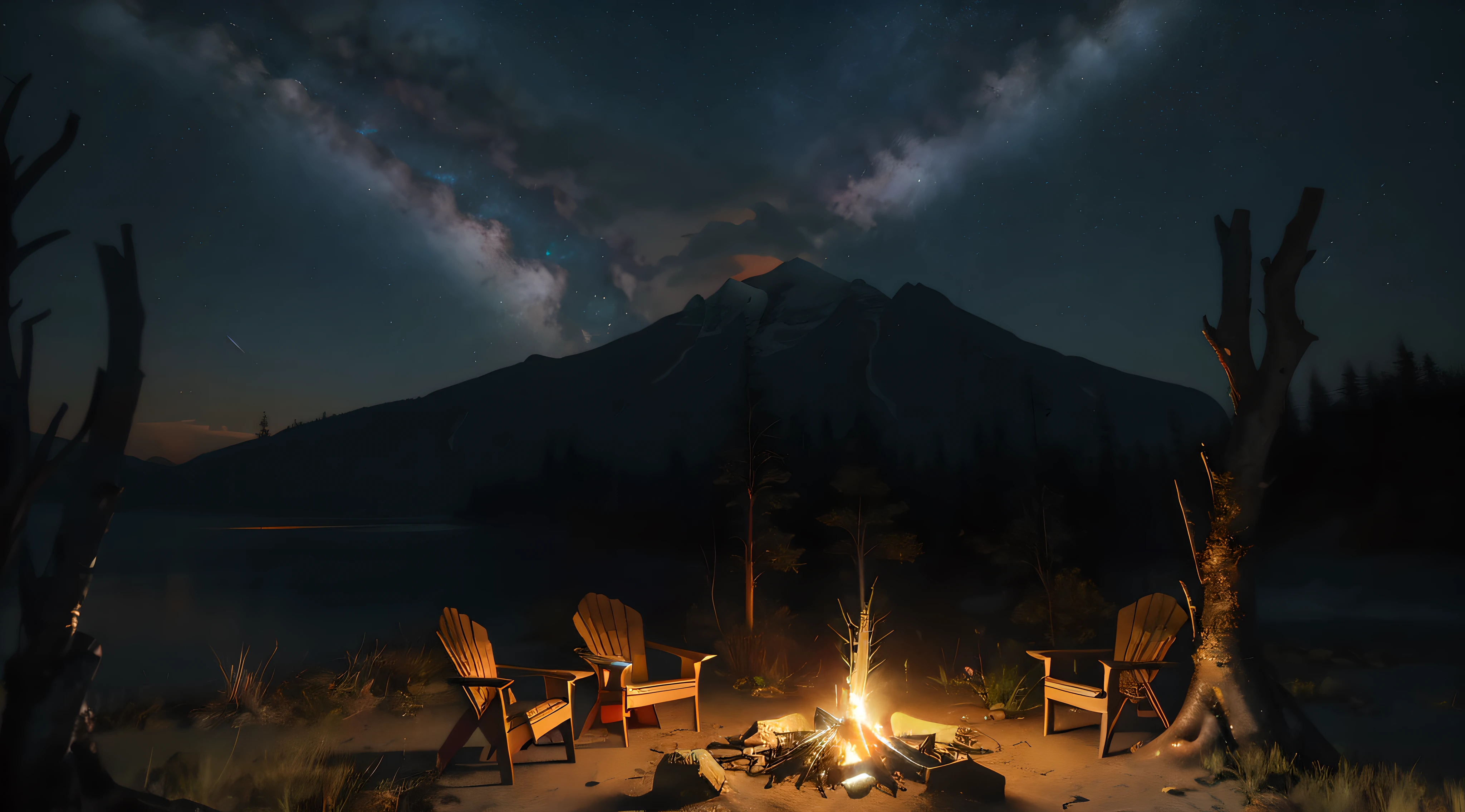 There are three chairs around the campfire，The background is a mountain, at a campfire at night, Outdoors at night, campfire in background, campfire background, night time with starry sky, watching the stars at night, campfires, scenic view at night, sitting on the beach at night, bonfires, moonlit starry sky environment, Outdoor activities at night, Under the stars