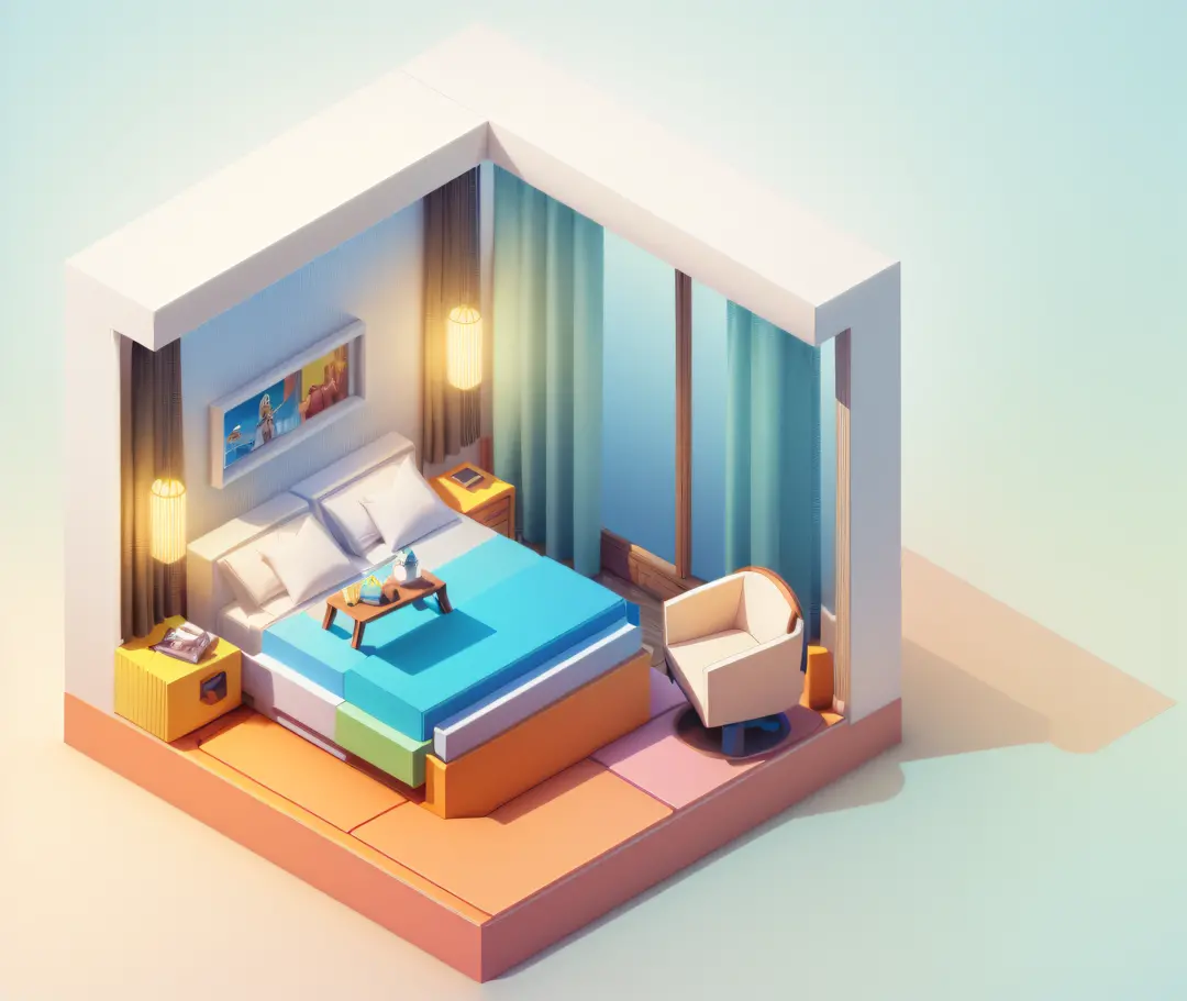 (Isometric perspective:1.5),(Pixar style:1.2), Room, bed, sofa,(small bonsai:0.8),desk lamp, TV, mural, 3D,Disney,Panoramic photo,White background, solid background,Global illumination, raytracing, modeling,HDR,octane render,unreal render,behance,dribbble,...
