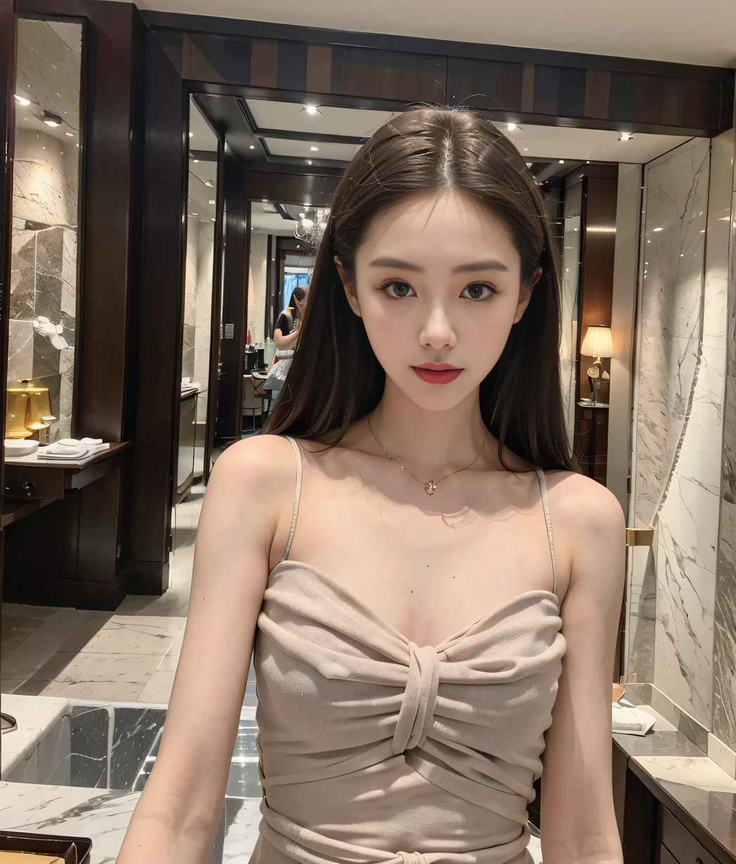 ，Masterpiece, Best quality，8k, Ultra-high resolution，Reallightandshadow，(beautidful eyes:1.2)，Beautuful Women，Summer clothing，High-end luxury hotel